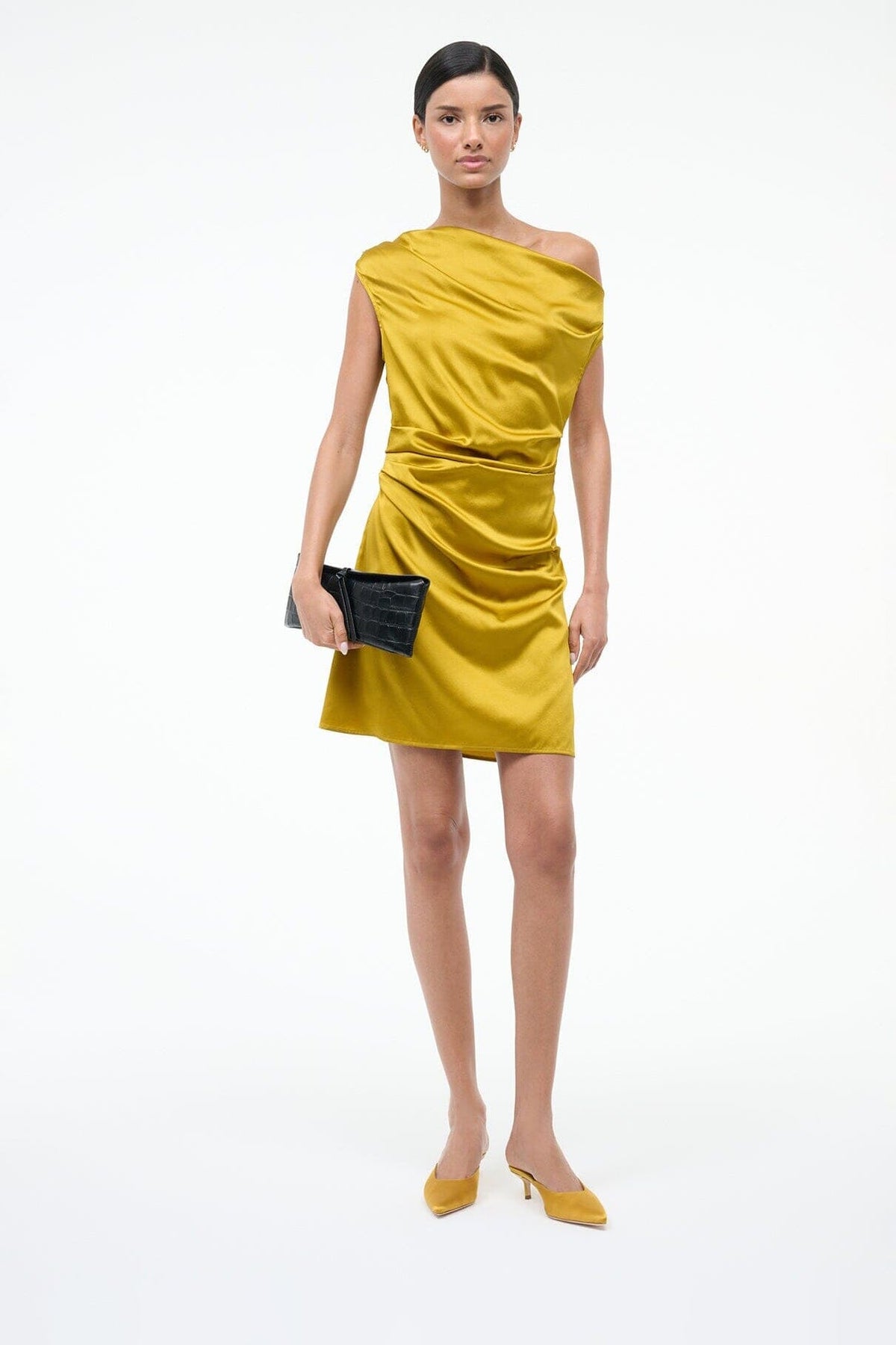 Sebastian Kitten Heel Mule Goldenrod Satin | STAUD Exclusive