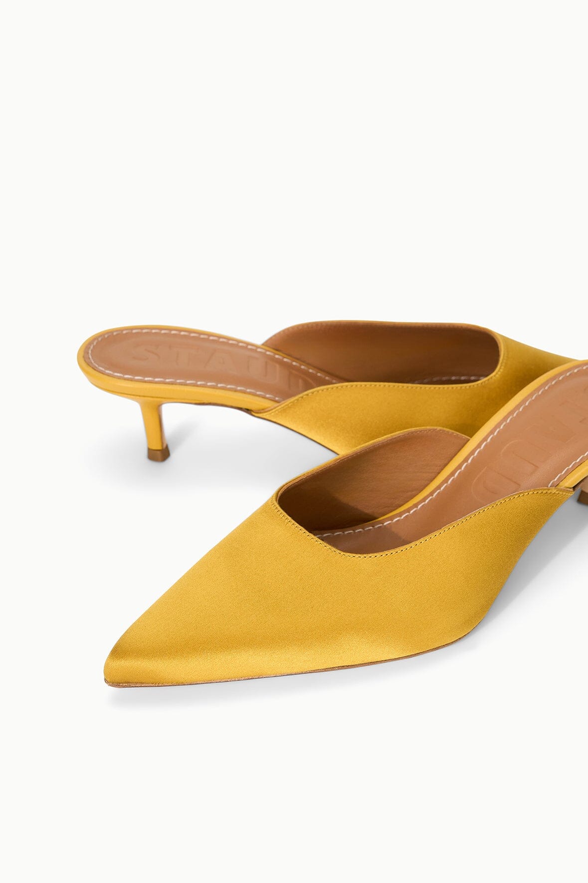 Sebastian Kitten Heel Mule Goldenrod Satin | STAUD Exclusive