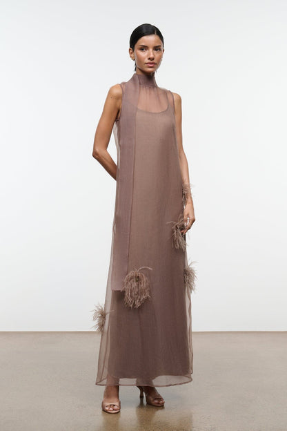 Albee Dress In Truffle - Sheer Organza With Feather Details | STAUD Exclusive