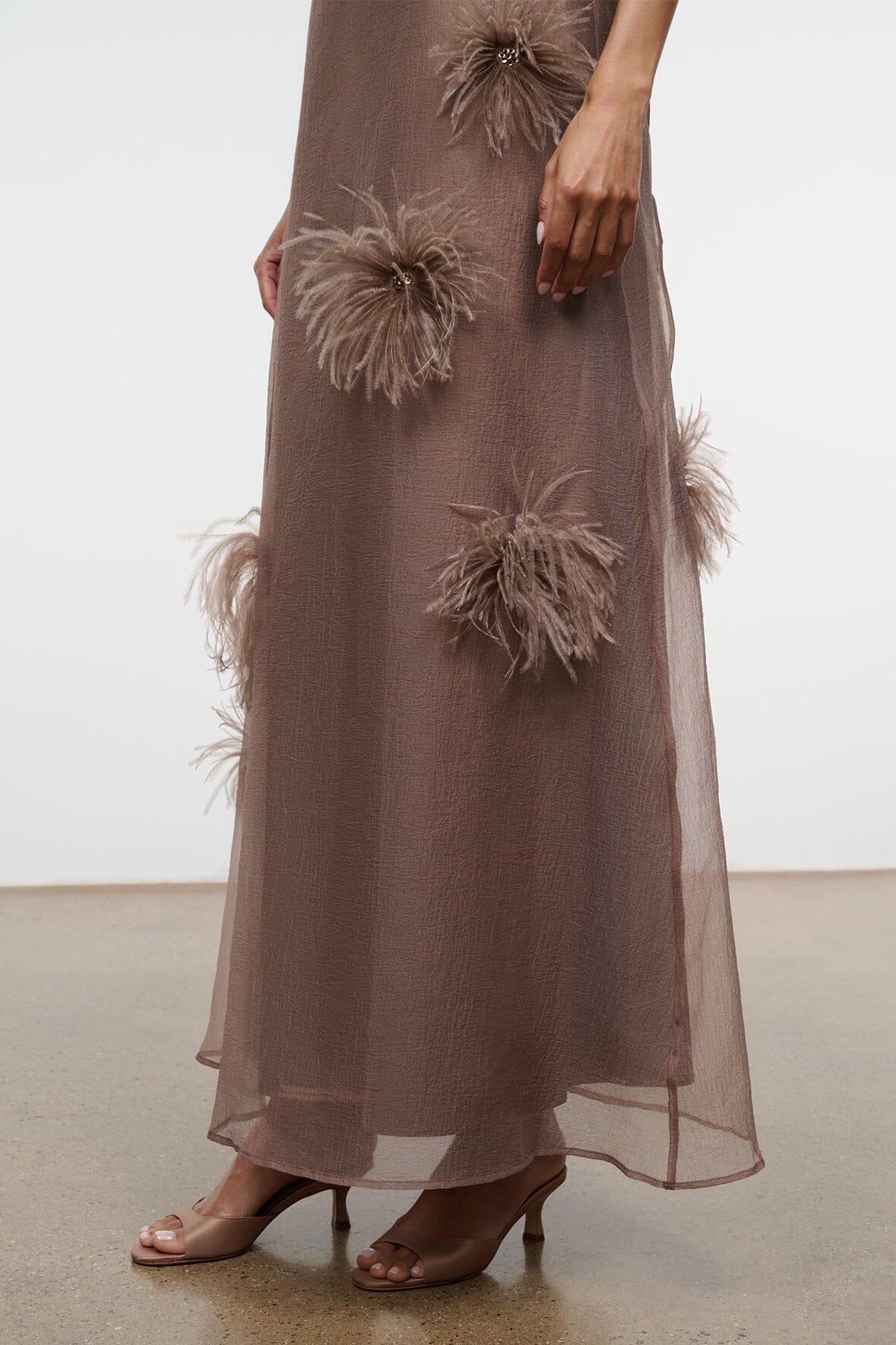 Albee Dress In Truffle - Sheer Organza With Feather Details | STAUD Exclusive