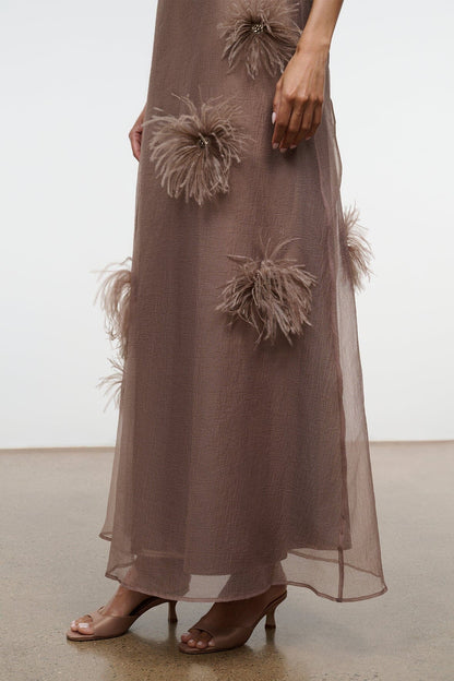 Albee Dress In Truffle - Sheer Organza With Feather Details | STAUD Exclusive