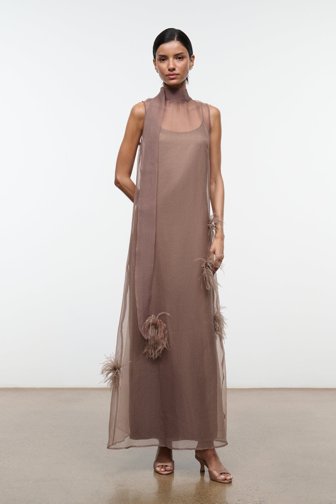 Albee Dress In Truffle - Sheer Organza With Feather Details | STAUD Exclusive