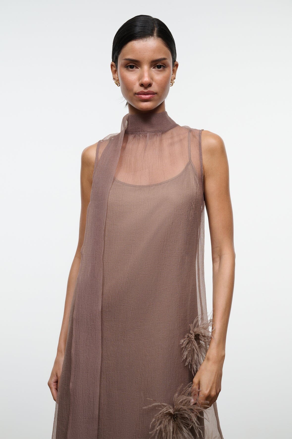 Albee Dress In Truffle - Sheer Organza With Feather Details | STAUD Exclusive