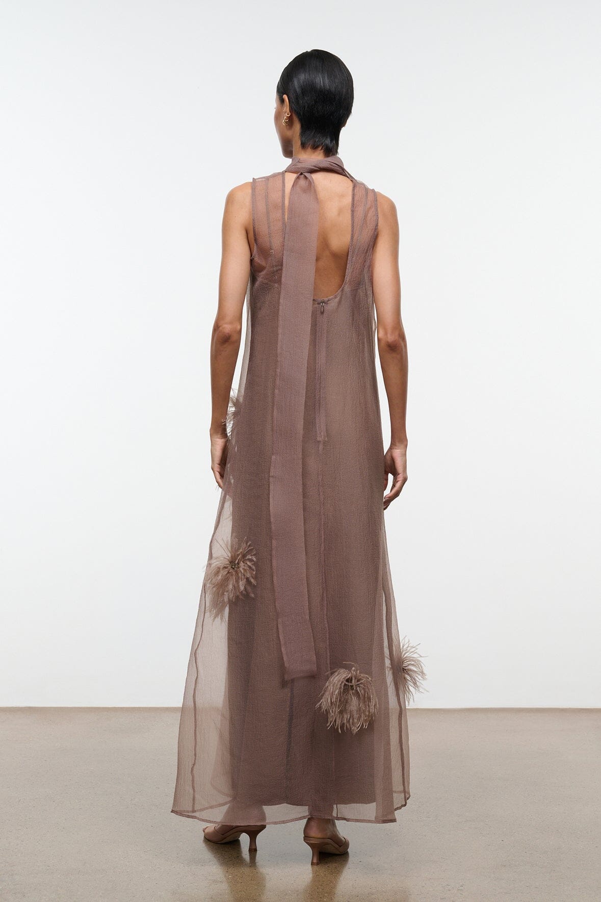 Albee Dress In Truffle - Sheer Organza With Feather Details | STAUD Exclusive