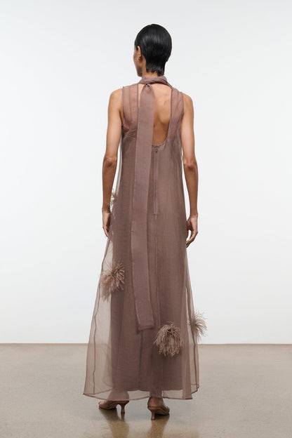 Albee Dress In Truffle - Sheer Organza With Feather Details | STAUD Exclusive