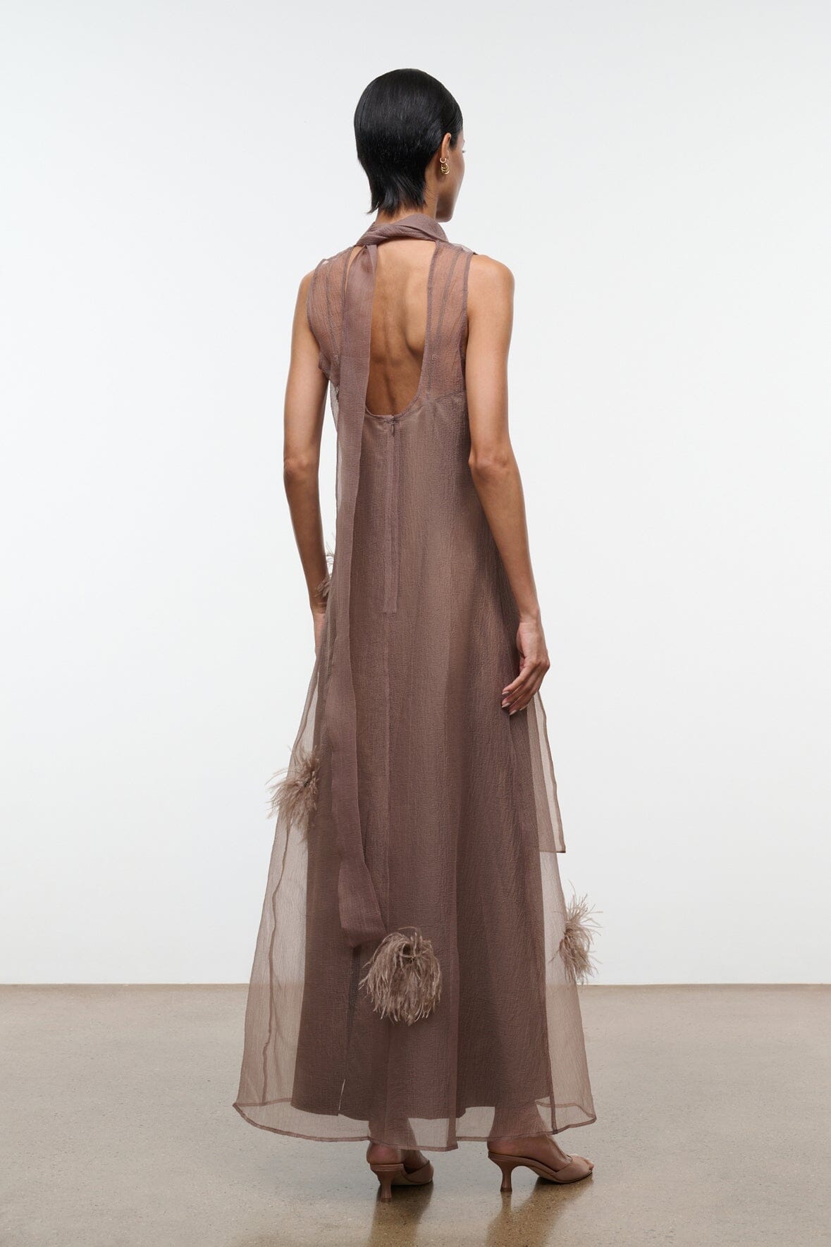 Albee Dress In Truffle - Sheer Organza With Feather Details | STAUD Exclusive