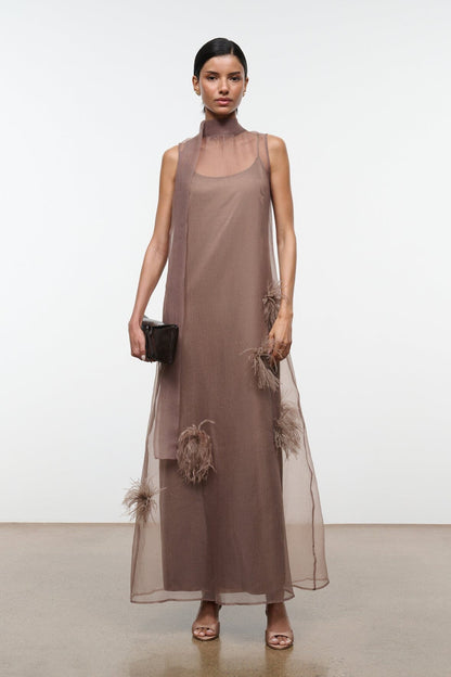 Albee Dress In Truffle - Sheer Organza With Feather Details | STAUD Exclusive