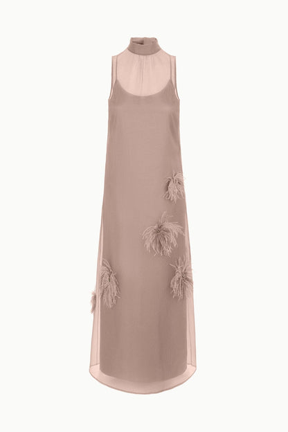 Albee Dress In Truffle - Sheer Organza With Feather Details | STAUD Exclusive