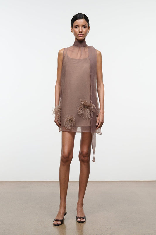 Albee Mini Dress In Truffle - Sheer Organza Overlay | STAUD Essential