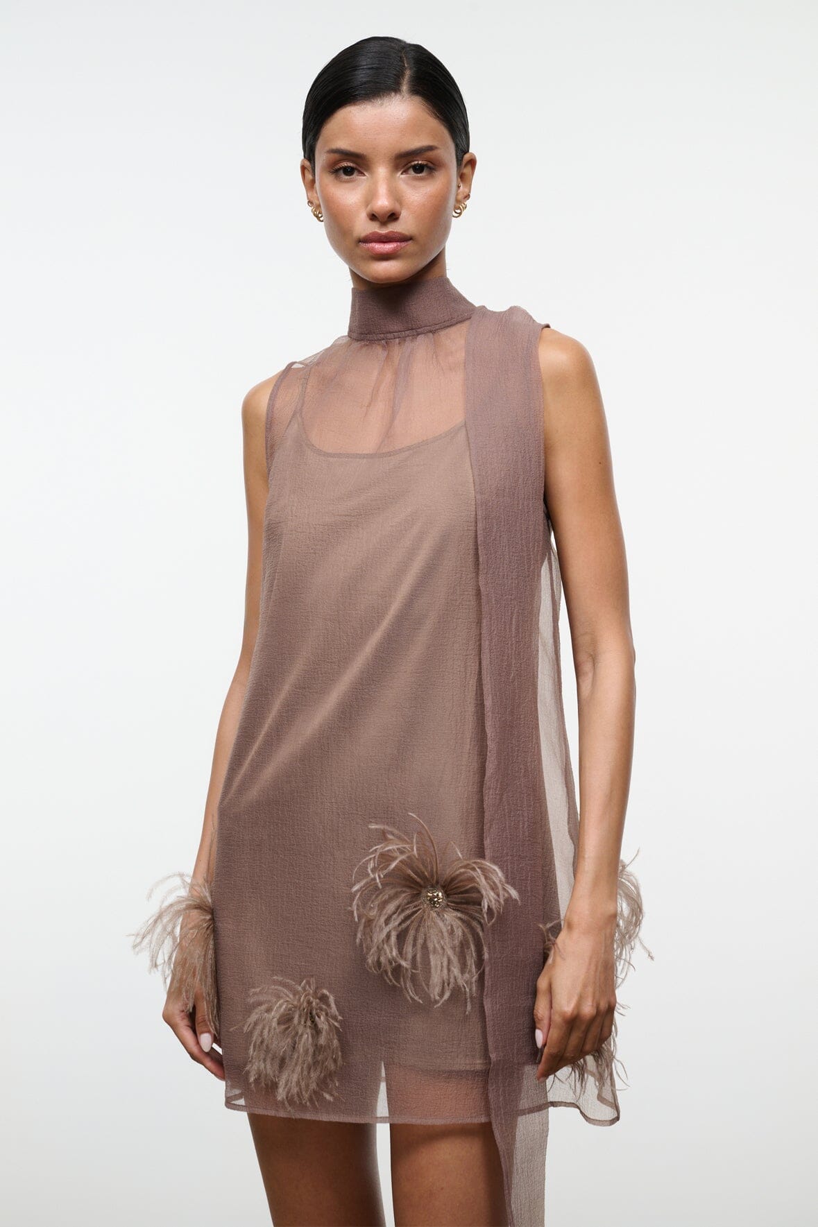 Albee Mini Dress In Truffle - Sheer Organza Overlay | STAUD Essential