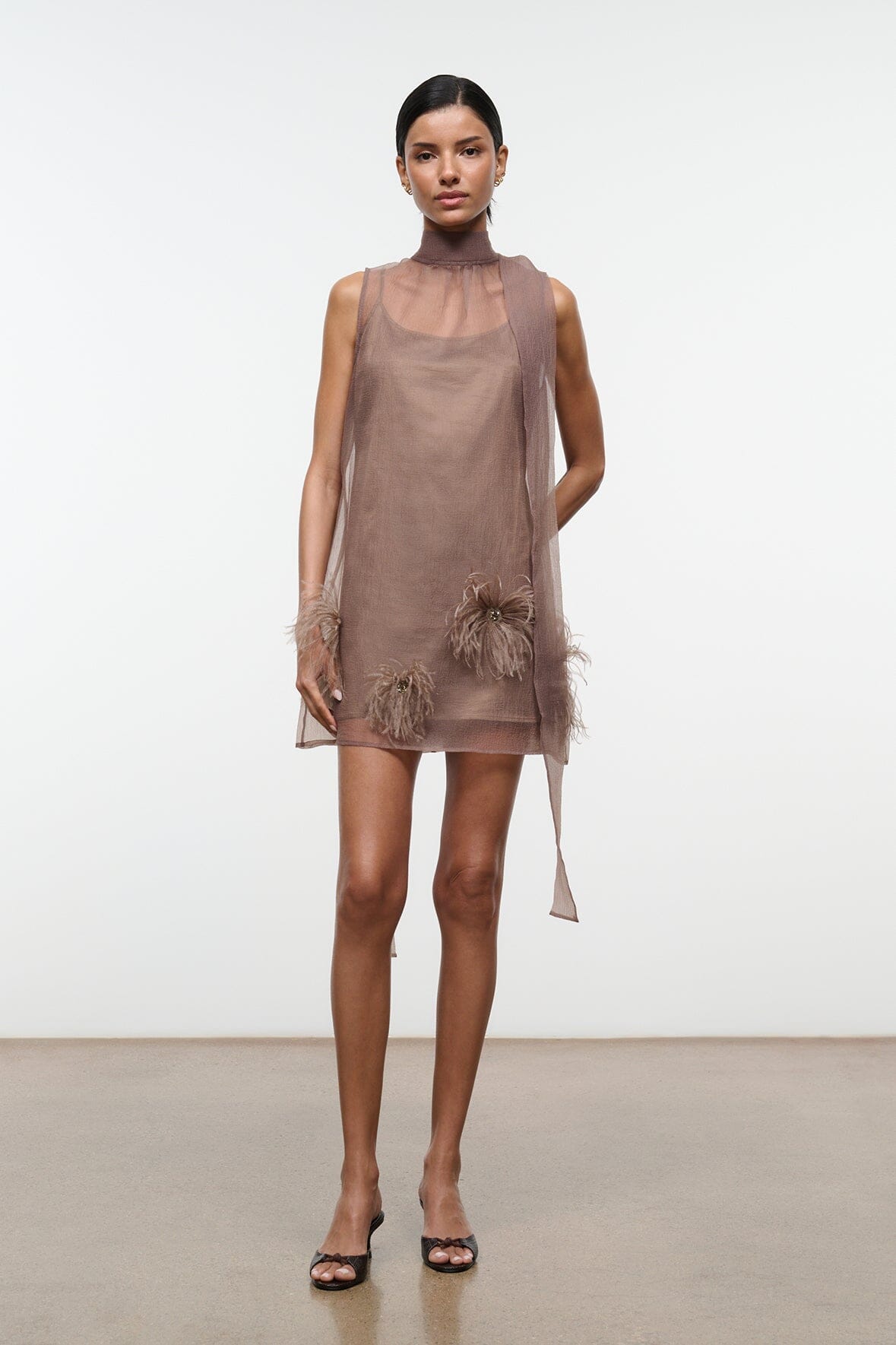 Albee Mini Dress In Truffle - Sheer Organza Overlay | STAUD Essential
