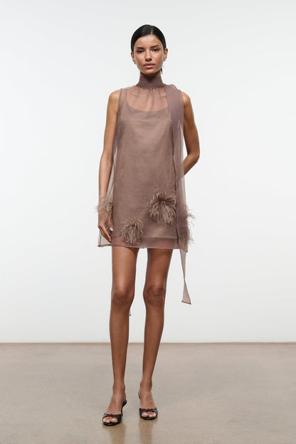 Albee Mini Dress In Truffle - Sheer Organza Overlay | STAUD Essential