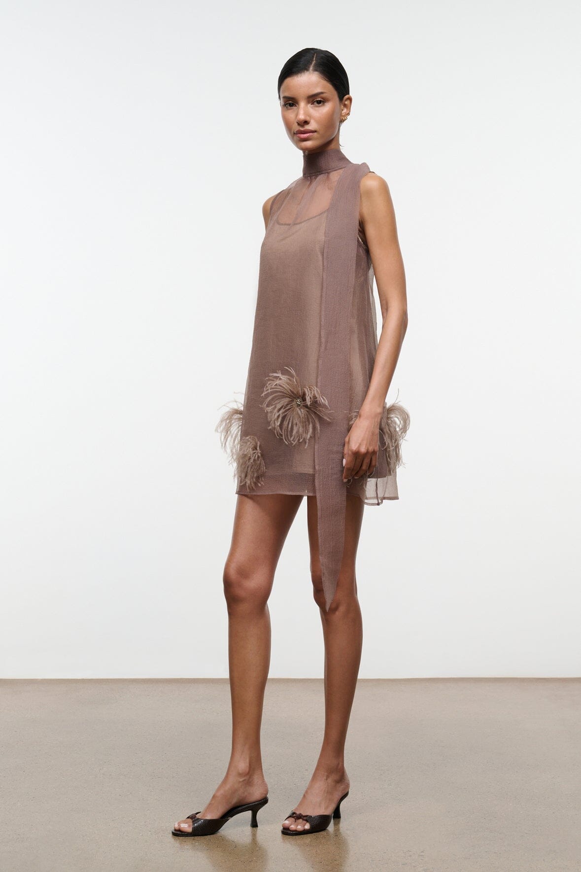 Albee Mini Dress In Truffle - Sheer Organza Overlay | STAUD Essential