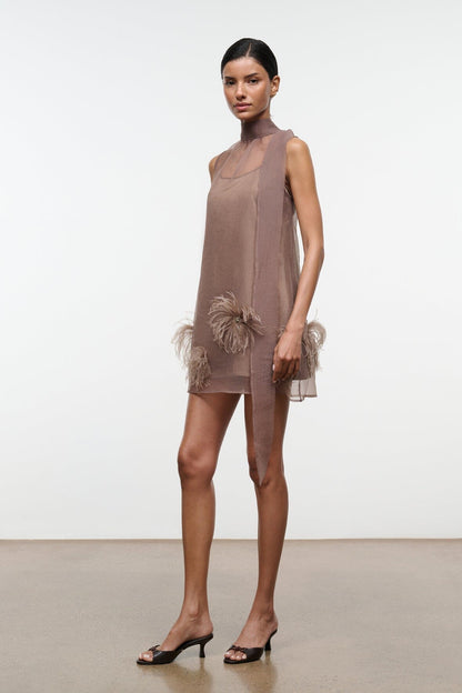 Albee Mini Dress In Truffle - Sheer Organza Overlay | STAUD Essential