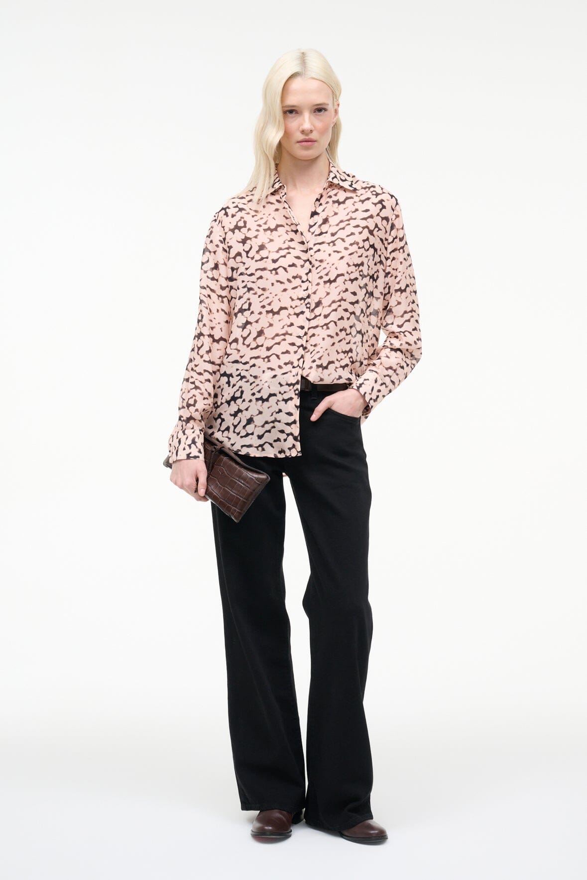 Roxbury Silk Shirt Almond Black | STAUD Latest