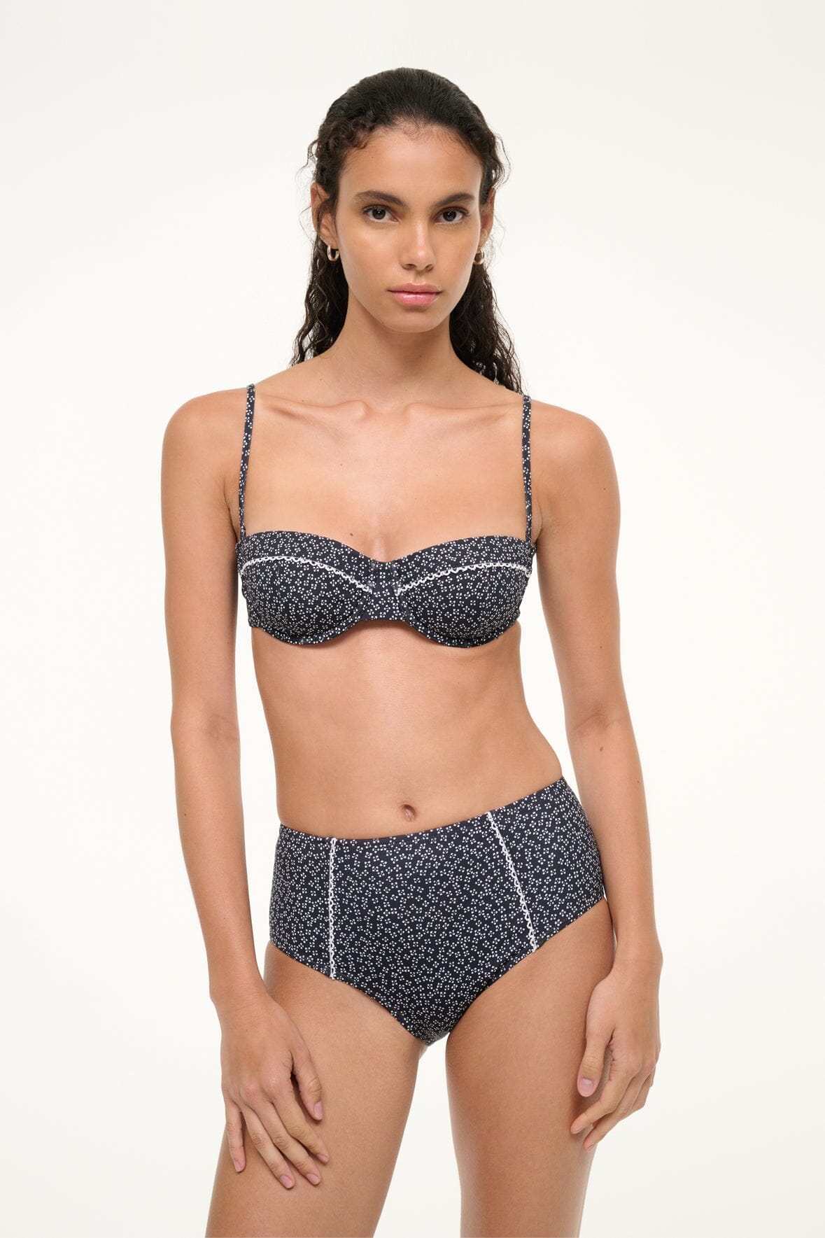 Jo Balconette Bikini Top Black Woodblock Ditsy Floral | STAUD Signature