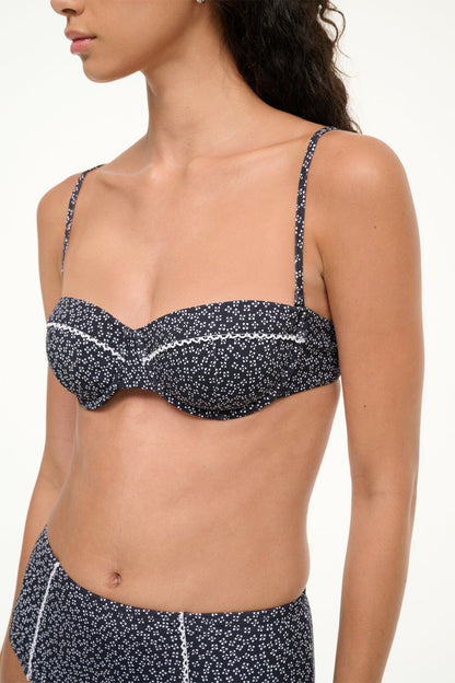 Jo Balconette Bikini Top Black Woodblock Ditsy Floral | STAUD Signature