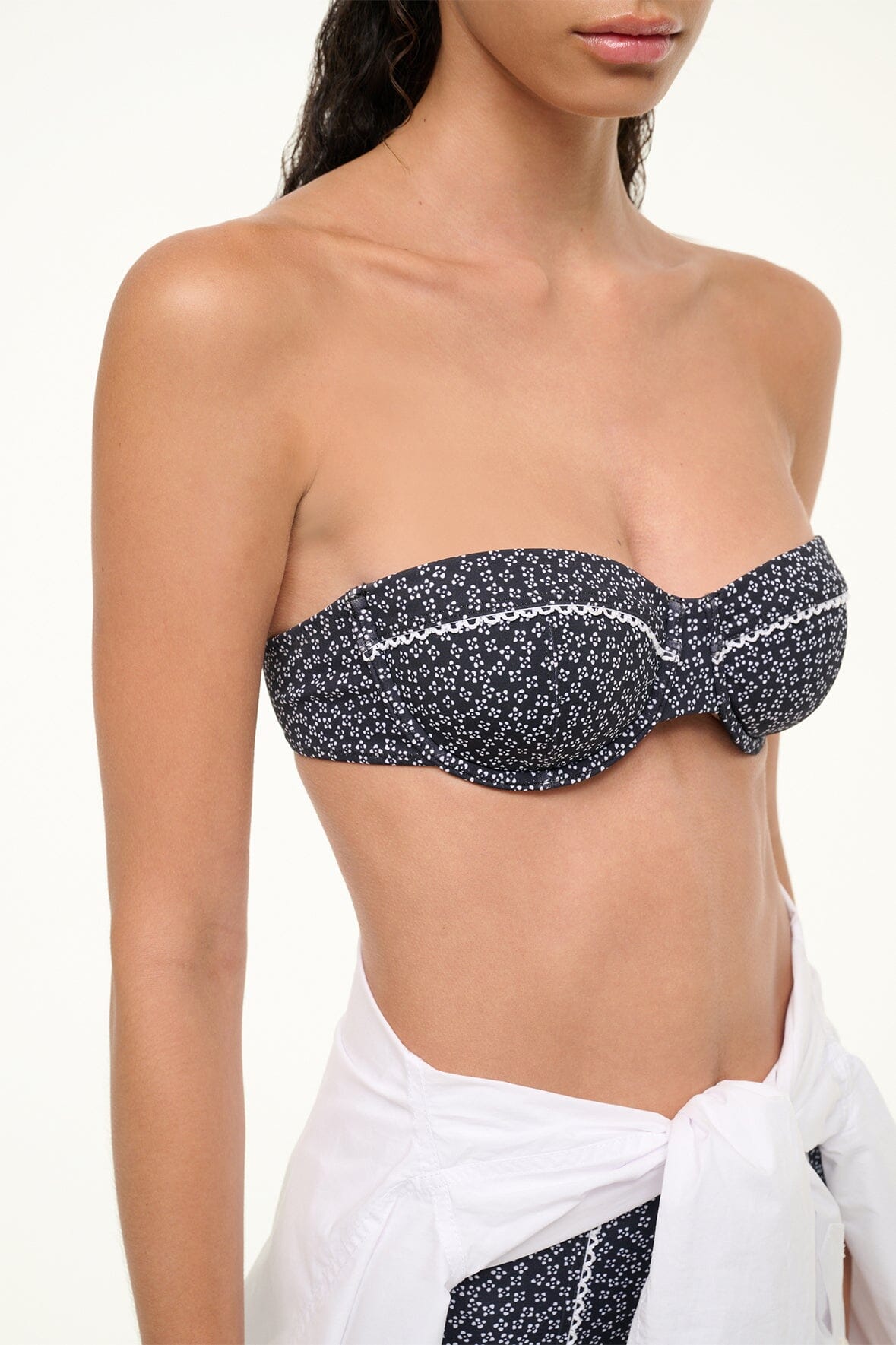 Jo Balconette Bikini Top Black Woodblock Ditsy Floral | STAUD Signature