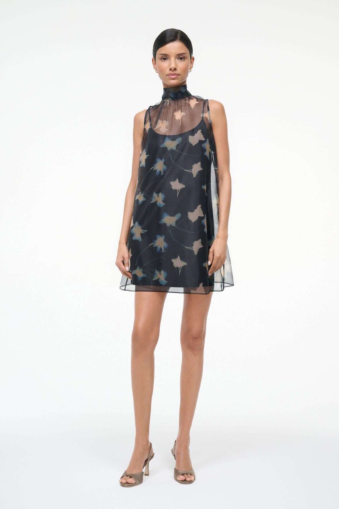Albee Mini Dress - Dark Floral Sheer Organza With High Neck | STAUD Customer Favorite