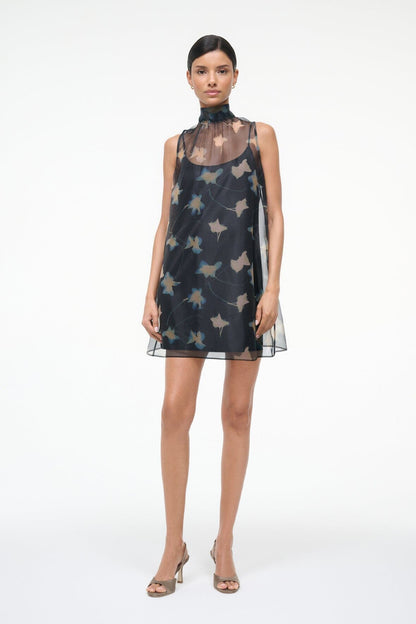 Albee Mini Dress - Dark Floral Sheer Organza With High Neck | STAUD Customer Favorite