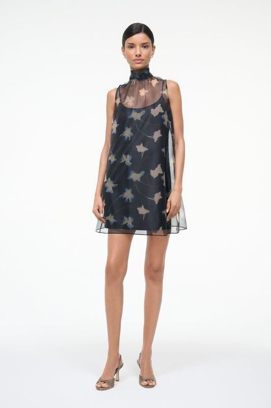 Albee Mini Dress - Dark Floral Sheer Organza With High Neck | STAUD Customer Favorite