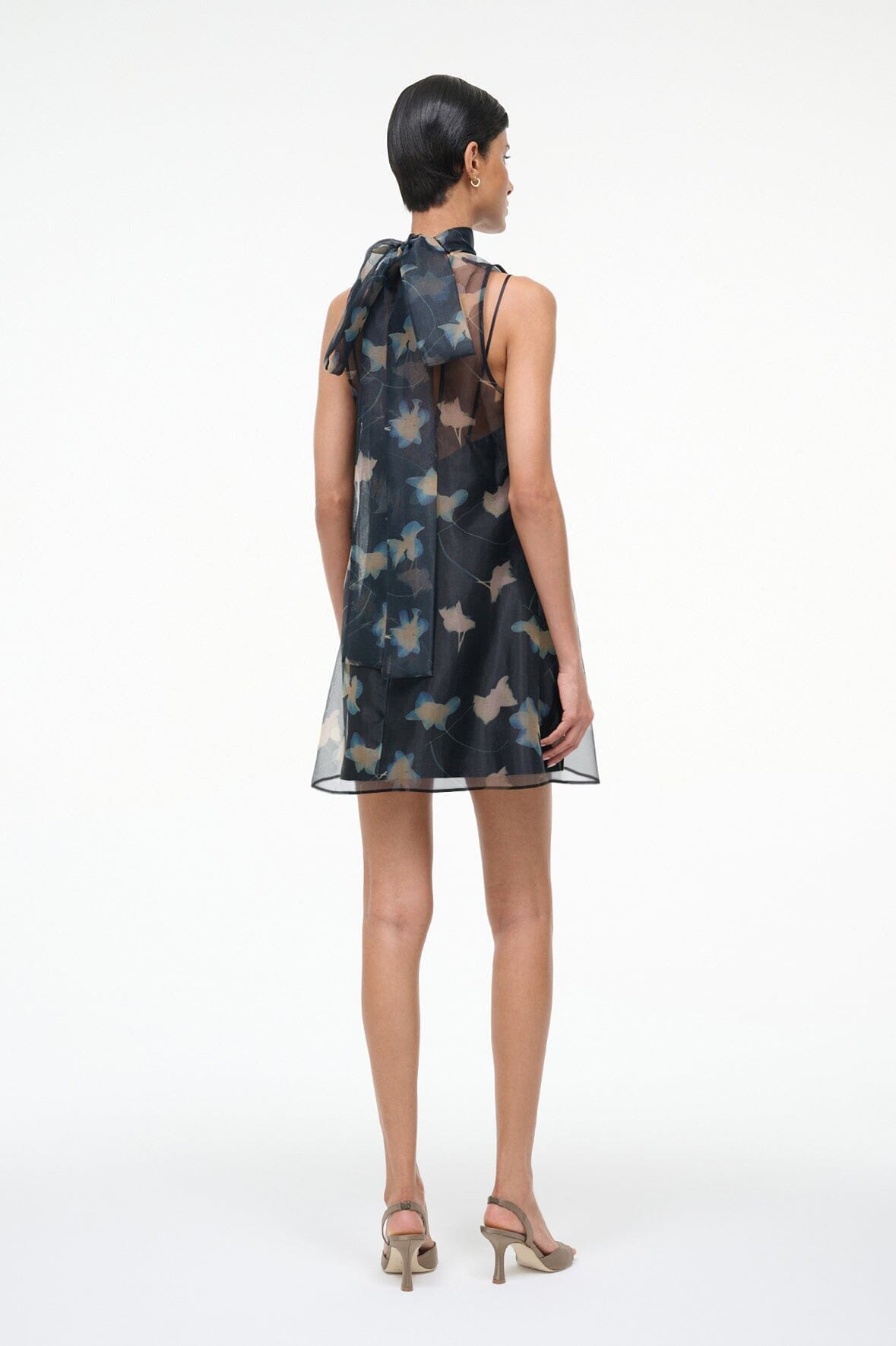 Albee Mini Dress - Dark Floral Sheer Organza With High Neck | STAUD Customer Favorite