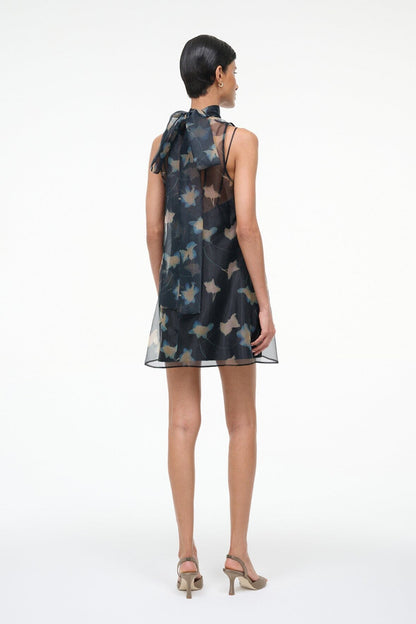 Albee Mini Dress - Dark Floral Sheer Organza With High Neck | STAUD Customer Favorite