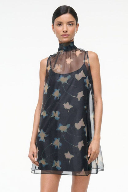 Albee Mini Dress - Dark Floral Sheer Organza With High Neck | STAUD Customer Favorite