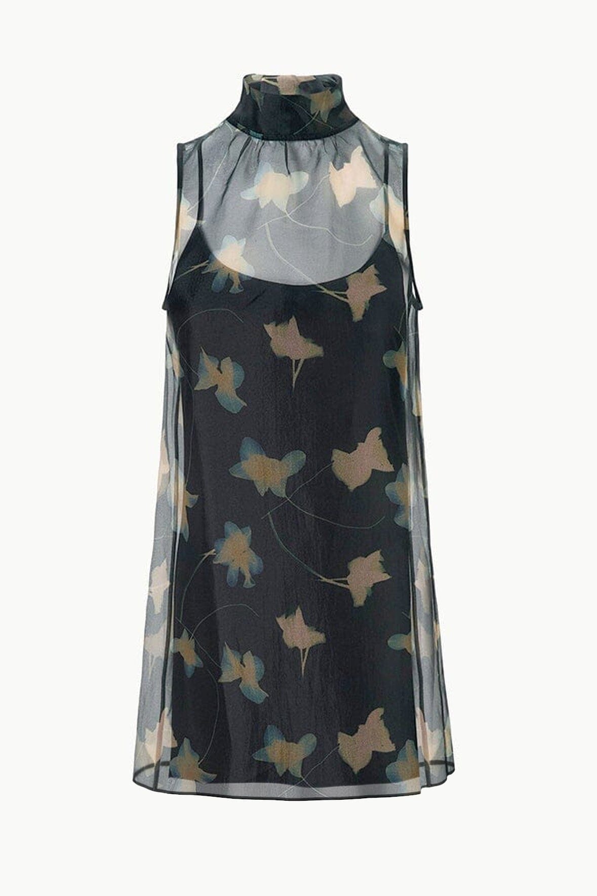 Albee Mini Dress - Dark Floral Sheer Organza With High Neck | STAUD Customer Favorite
