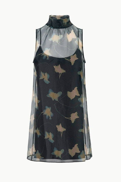 Albee Mini Dress - Dark Floral Sheer Organza With High Neck | STAUD Customer Favorite