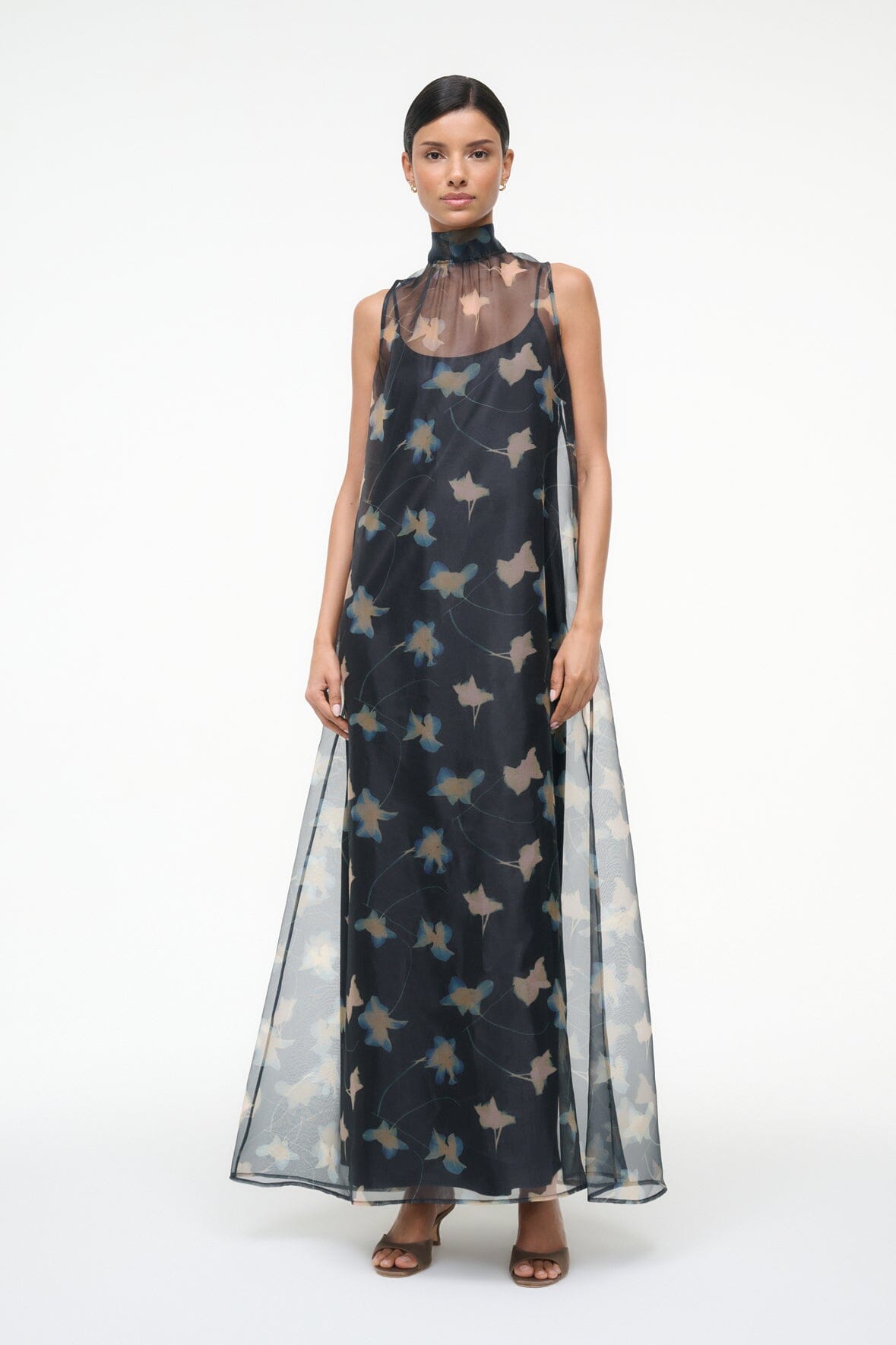 Albee Dress - Sheer Dark Floral Organza With High Neck | STAUD Recommended