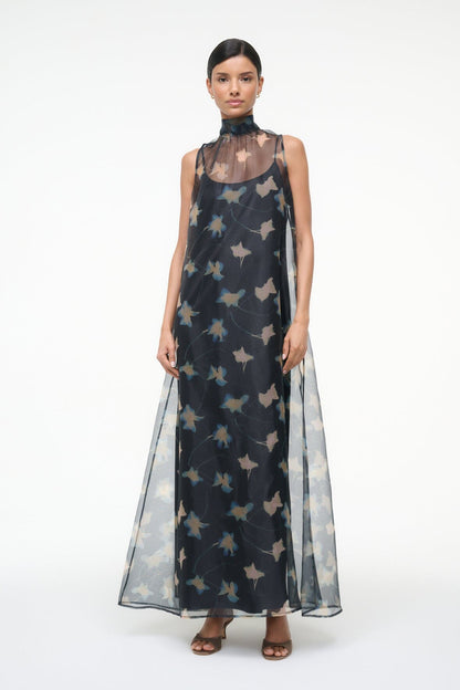 Albee Dress - Sheer Dark Floral Organza With High Neck | STAUD Recommended