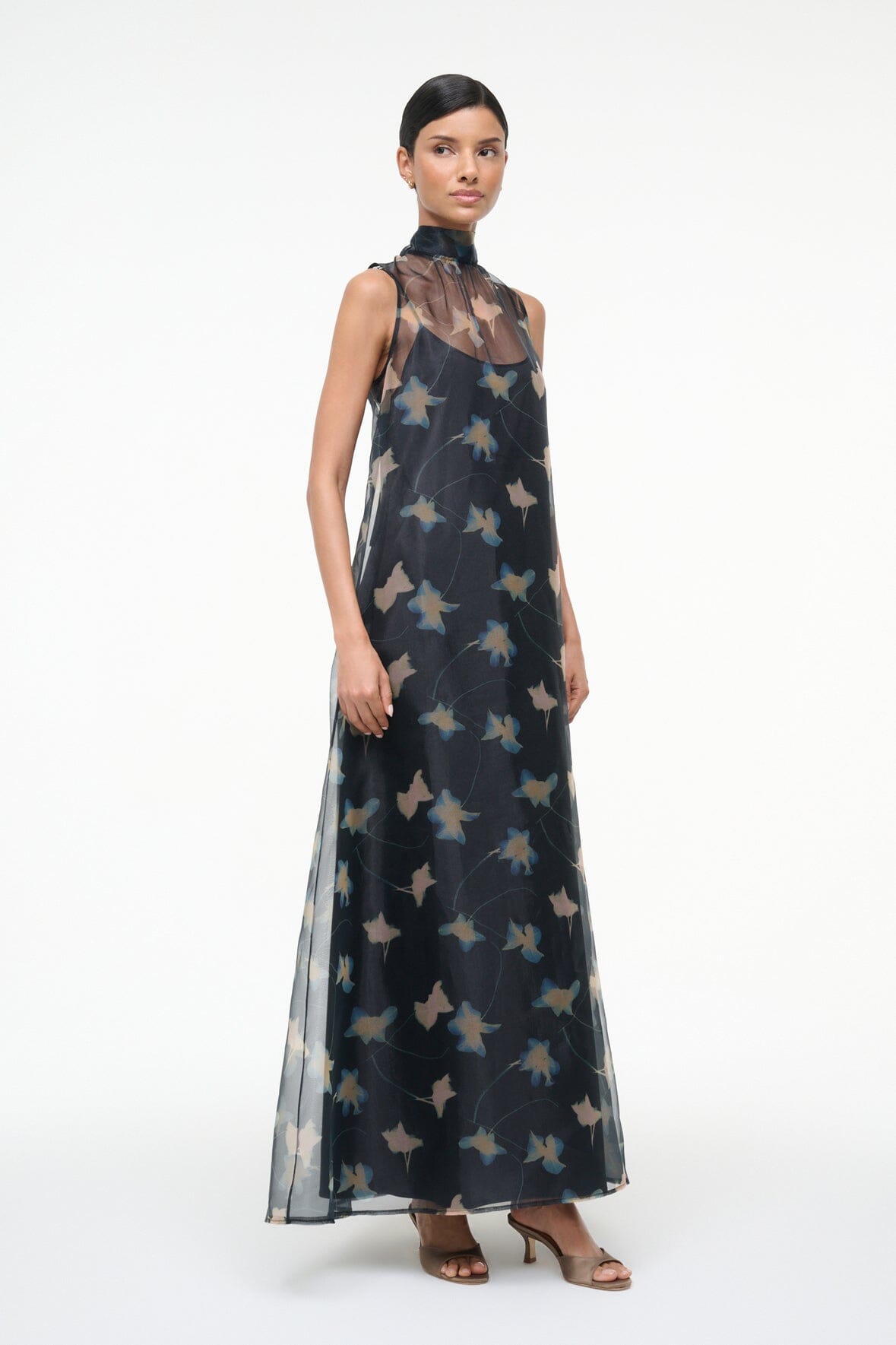 Albee Dress - Sheer Dark Floral Organza With High Neck | STAUD Recommended