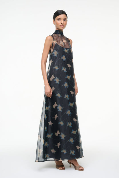 Albee Dress - Sheer Dark Floral Organza With High Neck | STAUD Recommended