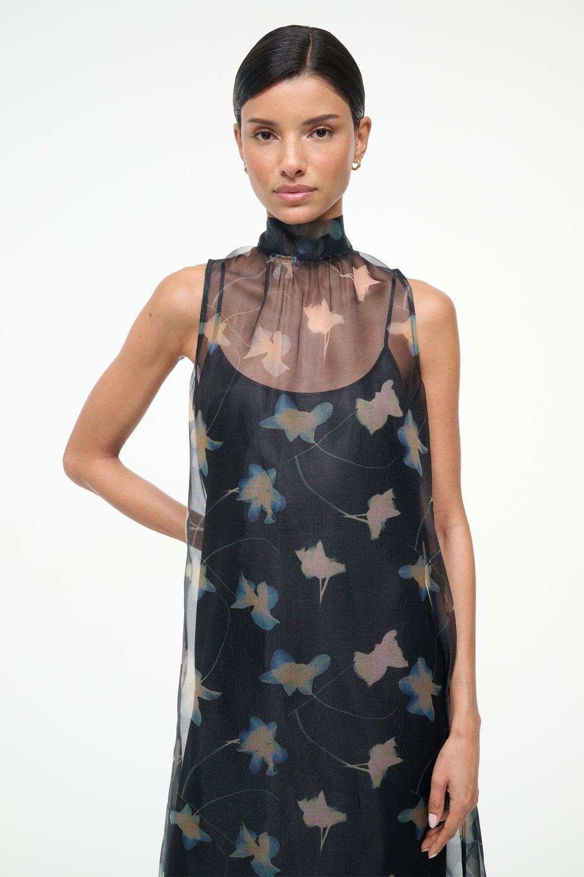 Albee Dress - Sheer Dark Floral Organza With High Neck | STAUD Recommended