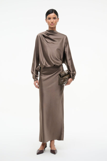 Phoebe Silk Dress Truffle | STAUD Latest