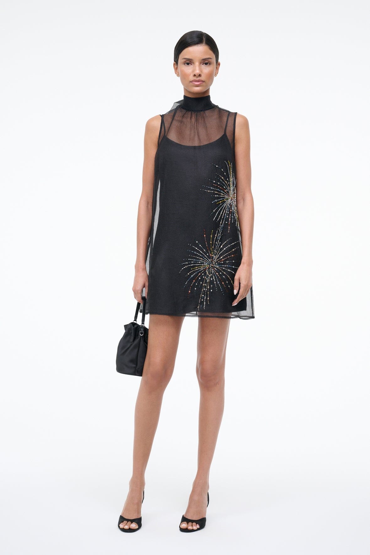 Albee Mini Dress In Sheer Black Beaded Organza | STAUD Value