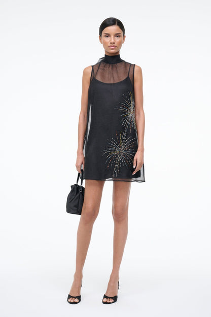 Albee Mini Dress In Sheer Black Beaded Organza | STAUD Value
