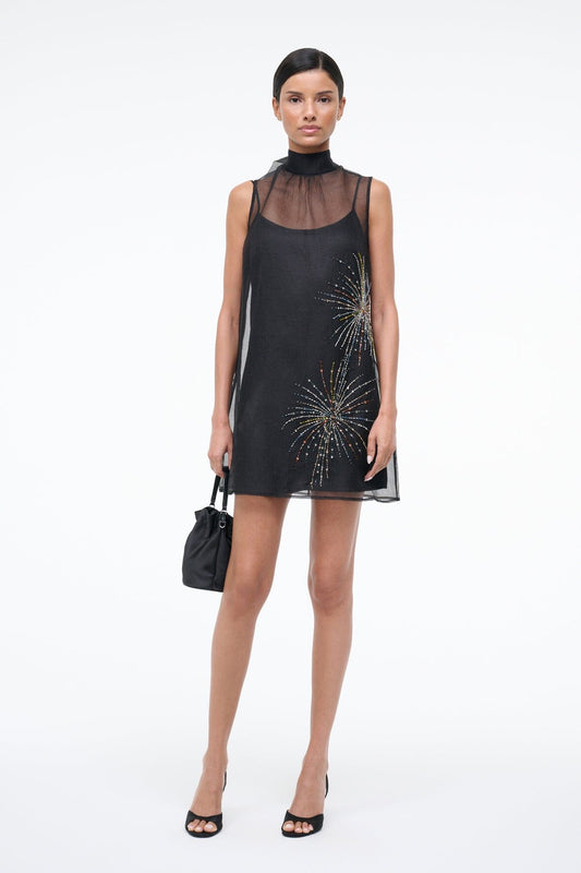 Albee Mini Dress In Sheer Black Beaded Organza | STAUD Value