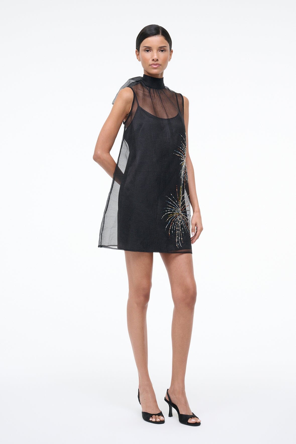 Albee Mini Dress In Sheer Black Beaded Organza | STAUD Value