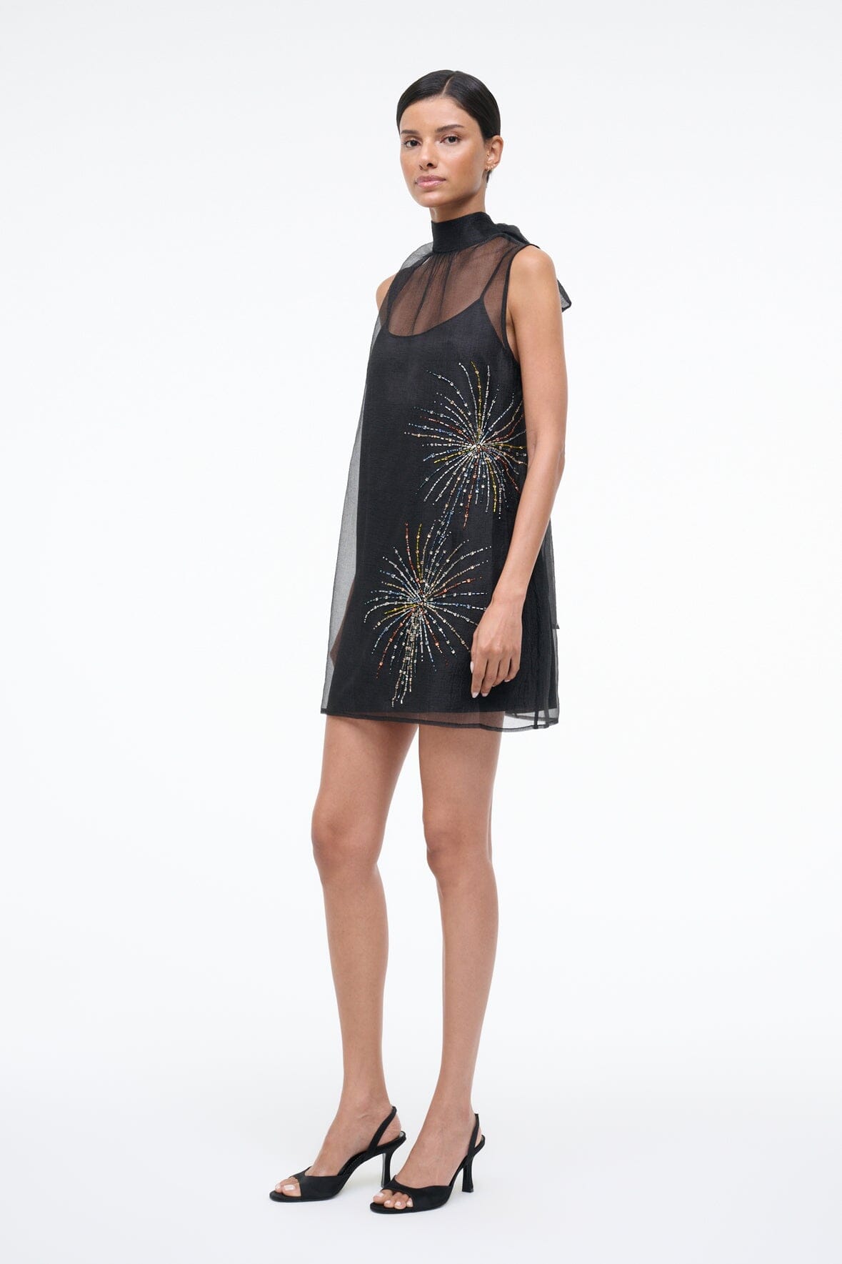 Albee Mini Dress In Sheer Black Beaded Organza | STAUD Value