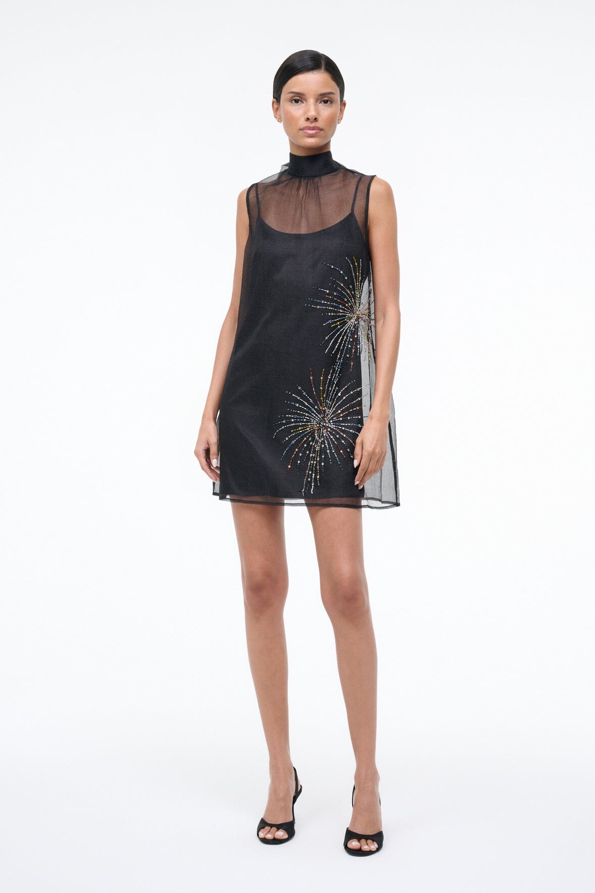 Albee Mini Dress In Sheer Black Beaded Organza | STAUD Value